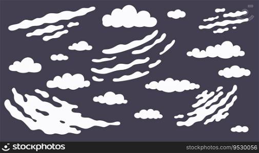 Cartoon clouds. Different types or shapes meteorological phenomena. Flying atmospheric evaporation. Cirrus, cumulus and layered objects. Cloudy sky. Overcast heaven. Vector cloudscape elements set. Cartoon clouds. Different types or shapes meteorological phenomena. Flying atmospheric evaporation. Cirrus, cumulus and layered objects. Overcast heaven. Vector cloudscape elements set