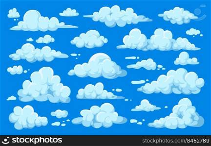 Cartoon clouds. Game ui asset with heaven sky scene, summer cloudy background with cumulus clouds. Vector 2d sprite set of vapor, fog and smoke. Illustration of cartoon ui sky cloudscape. Cartoon clouds. Game ui asset with heaven sky scene, summer cloudy background with cumulus clouds. Vector 2d sprite set of vapor, fog and smoke