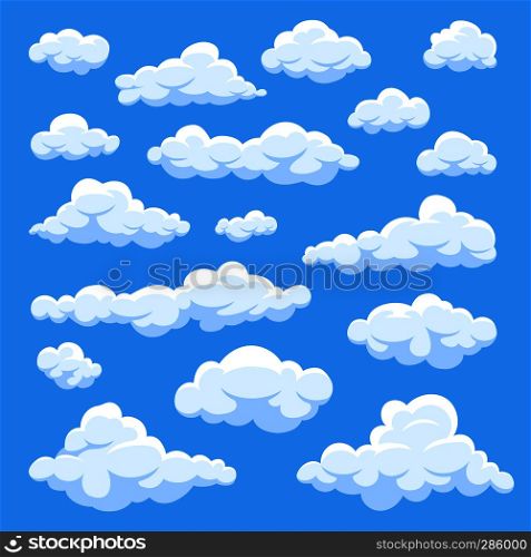 Cartoon clouds isolated on blue sky panorama vector collection. Cloudscape in blue sky, white cloud illustration. Cartoon clouds isolated on blue sky panorama vector collection