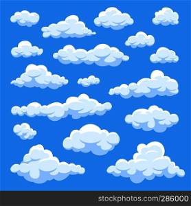 Cartoon clouds isolated on blue sky panorama vector collection. Cloudscape in blue sky, white cloud illustration. Cartoon clouds isolated on blue sky panorama vector collection