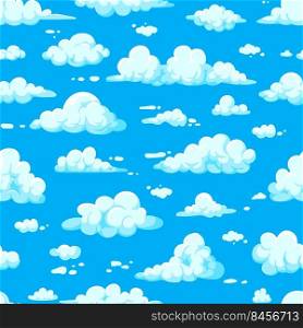 Cartoon clouds pattern. Seamless print of summer blue sunny sky with fluffy cumulus clouds, heaven sky background. Vector texture. Illustration of summer cloud cartoon. Cartoon clouds pattern. Seamless print of summer blue sunny sky with fluffy cumulus clouds, heaven sky background. Vector texture