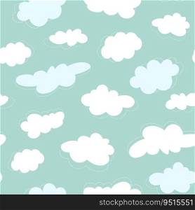 Cartoon clouds seamless pattern. Cute clouds with dotted outline on blue background. Nursery wall art for baby boy and baby girl. Vector illustration