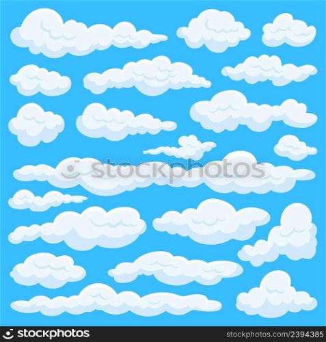 Cartoon clouds set. Isolated cloud clipart, art game elements. Blue sky, flat smoke and comic white fluffy shapes. Weather neoteric vector collection. Cloud weather element and sky illustration. Cartoon clouds set. Isolated cloud clipart, art game elements. Blue sky, flat smoke and comic white fluffy shapes. Weather neoteric vector collection