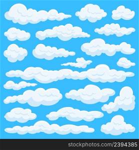 Cartoon clouds set. Isolated cloud clipart, art game elements. Blue sky, flat smoke and comic white fluffy shapes. Weather neoteric vector collection. Cloud weather element and sky illustration. Cartoon clouds set. Isolated cloud clipart, art game elements. Blue sky, flat smoke and comic white fluffy shapes. Weather neoteric vector collection