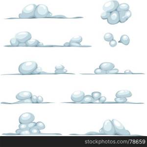 Cartoon Clouds, Smoke, Stone, Snow And Boulders Set. Illustration of a set of funny cartoon clouds, bubbles and smoke patterns, also working for snow, stone or froth, for filling your sky scenes or ui game scenics