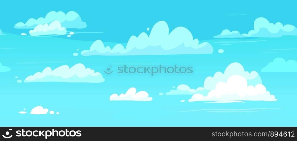 Cartoon cloudy skies. Puffy clouds in blue sky. Cloudy weather, heaven cloud in skies backdrop or meteorology seamless vector background illustration. Cartoon cloudy skies. Puffy clouds in blue sky seamless vector background illustration