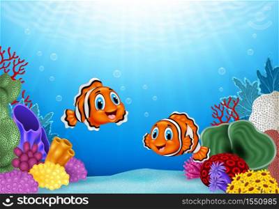 Cartoon Clown Fish with beautiful underwater world