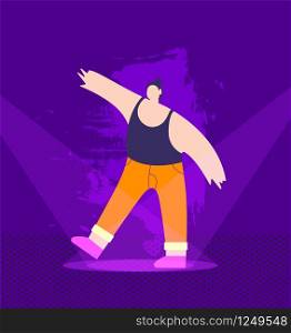 Cartoon Clubbing Happy Man Performing on Stage under Music Lights Disco Hip Hop Festival Concept People at Discotheque in Nightclub Vector Style Illustration Nightlife Party Event Dancing Marathon. Cartoon Dancing Man Performing on Stage Disco Fest