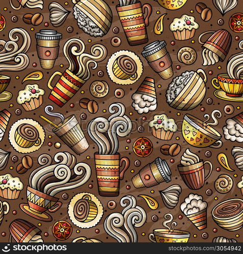 Cartoon coffee, coffee shop, cafe, tea, sweets seamless pattern. Lots of symbols, objects and elements. Perfect funny vector background.. Cartoon coffee shop seamless pattern