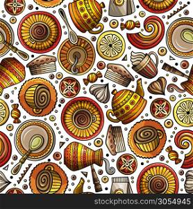 Cartoon coffee, coffee shop, cafe, tea, sweets seamless pattern. Lots of symbols, objects and elements. Perfect funny vector background.. Cartoon coffee shop seamless pattern
