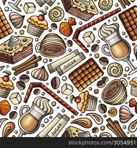 Cartoon coffee, coffee shop, cafe, tea, sweets seamless pattern. Lots of symbols, objects and elements. Perfect funny vector background.. Cartoon coffee shop seamless pattern