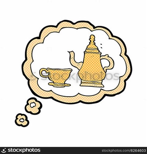 cartoon coffee pot and cup with thought bubble
