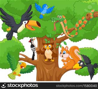Cartoon collection animal on the trees.vector illustration
