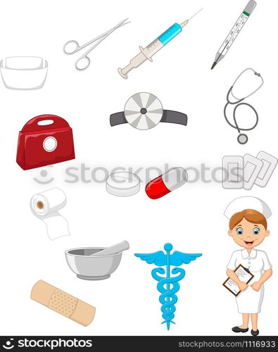 Cartoon collection of medical devices with nurse