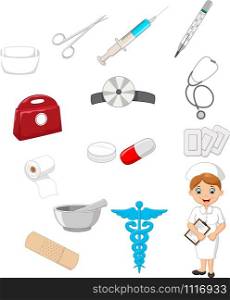 Cartoon collection of medical devices with nurse