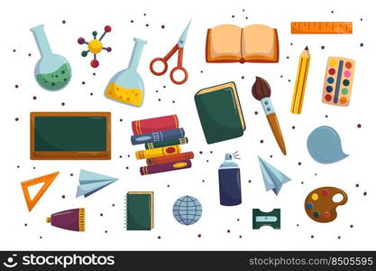 Cartoon collection with school equipment. Back to school supplies - chalkboard and books, chemistry tube. Hand drawn vector illustrations.. Cartoon collection with school equipment. Back to school supplies - chalkboard and books, chemistry tube. Hand drawn vector illustrations