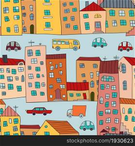 Cartoon coloful cityscape. Cute urban background. Outline. Wallpaper for child. Seamless vector pattern.