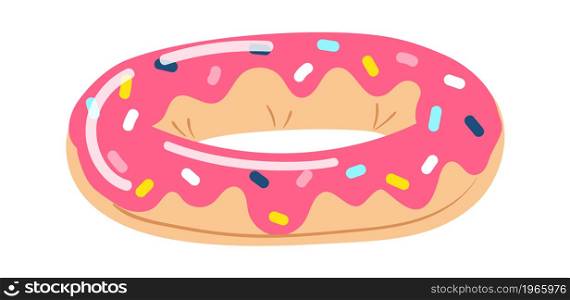 Cartoon colored donut with sweet topping isolated on white background. Vector bakery sweet donut with sugar, food dessert for breakfast illustration. Cartoon colored donut with sweet topping isolated on white background