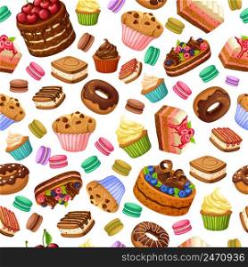 Cartoon colorful desserts seamless pattern with sweet products cakes cupcakes cookies macaroons donuts and berries vector illustration. Cartoon Colorful Desserts Seamless Pattern