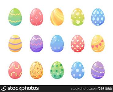 Cartoon colorful easter painted eggs with patterns and textures. Spring holiday decorative elements. Happy Easter day egg hunt vector set. Traditional ornament for religious symbols. Cartoon colorful easter painted eggs with patterns and textures. Spring holiday decorative elements. Happy Easter day egg hunt vector set