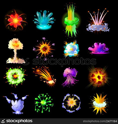 Cartoon colorful explosions collection with burst splash smoke and flash effects for game design isolated vector illustration. Cartoon Colorful Explosions Collection
