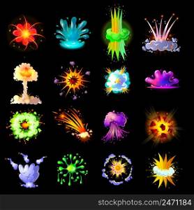 Cartoon colorful explosions collection with burst splash smoke and flash effects for game design isolated vector illustration. Cartoon Colorful Explosions Collection