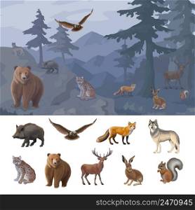 Cartoon colorful forest animals set with wild boar owl fox wolf lynx bear deer hare squirrel vector illustration. Cartoon Colorful Forest Animals Set