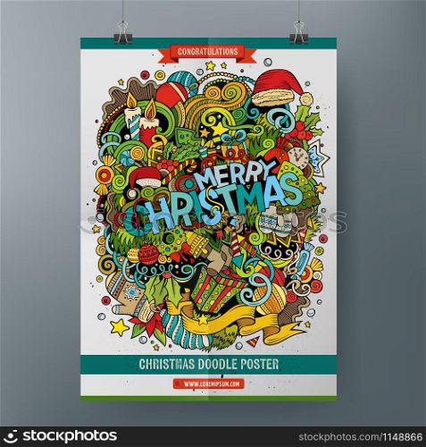 Cartoon colorful hand drawn doodles 2017 Year poster template. Very detailed, with lots of objects illustration. Funny vector artwork. Corporate identity design. Cartoon doodles Merry Christmas poster