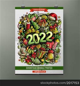 Cartoon colorful hand drawn doodles 2022 Happy New Year poster template. Very detailed illustration. Funny vector artwork. Corporate identity design. All items are separate.. Cartoon doodles 2022 Happy New Year poster template