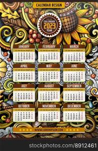 Cartoon colorful hand drawn doodles Autumn 2023 year calendar template. English, Sunday start. Very detailed, with lots of objects illustration. Funny vector artwork.. Cartoon doodles Autumn 2023 year calendar