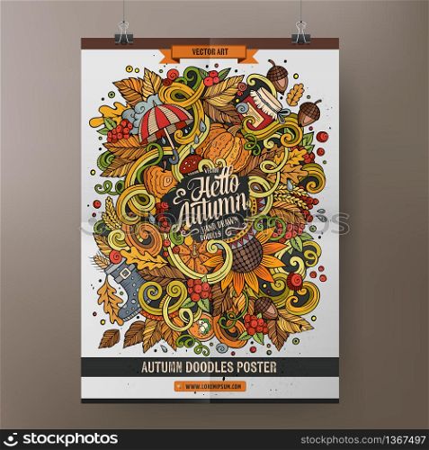 Cartoon colorful hand drawn doodles Autumn poster template. Very detailed, with lots of objects illustration. Funny vector artwork. Corporate identity design.. Cartoon colorful hand drawn doodles Autumn poster template
