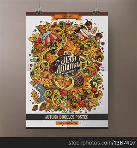 Cartoon colorful hand drawn doodles Autumn poster template. Very detailed, with lots of objects illustration. Funny vector artwork. Corporate identity design.. Cartoon colorful hand drawn doodles Autumn poster template