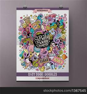 Cartoon colorful hand drawn doodles Baby poster template. Very detailed, with lots of objects illustration. Funny vector artwork. Corporate identity design.. Cartoon doodles Baby poster template