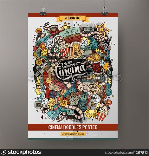 Cartoon colorful hand drawn doodles cinema poster template. Very detailed, with lots of objects illustration. Funny vector artwork. Corporate identity design.. Cartoon doodles cinema poster template