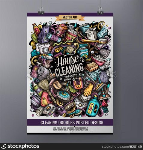 Cartoon colorful hand drawn doodles Cleaning poster template. Very detailed, with lots of objects illustration. Funny vector artwork. Cartoon colorful hand drawn doodles Cleaning poster