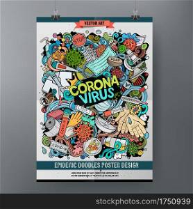 Cartoon colorful hand drawn doodles Coronavirus poster template. Very detailed, with lots of objects illustration. Funny vector artwork. Cartoon colorful hand drawn doodles Coronavirus poster