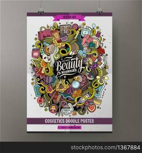 Cartoon colorful hand drawn doodles Cosmetic poster template. Very detailed, with lots of objects illustration. Funny vector artwork. Corporate identity design.. Cartoon doodles Cosmetic poster