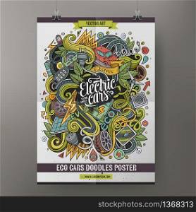 Cartoon colorful hand drawn doodles Electric cars poster template. Very detailed, with lots of objects illustration. Funny vector artwork. Corporate identity design. Cartoon doodles Electric cars poster design