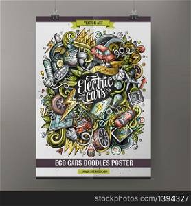 Cartoon colorful hand drawn doodles Electric cars poster template. Very detailed, with lots of objects illustration. Funny vector artwork. Corporate identity design. Cartoon colorful hand drawn doodles Electric cars poster