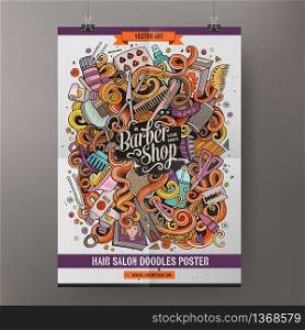 Cartoon colorful hand drawn doodles hair salon poster template. Very detailed, with lots of objects illustration. Funny vector artwork. Corporate identity design. Cartoon doodles hair salon poster