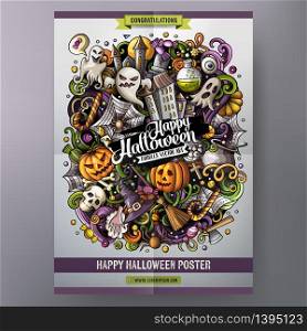 Cartoon colorful hand drawn doodles Halloween poster template. Very detailed, with lots of objects illustration. Funny vector artwork. All objects separate.. Cartoon colorful hand drawn doodles Halloween poster