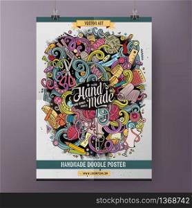 Cartoon colorful hand drawn doodles Handmade poster template. Very detailed, with lots of objects illustration. Funny vector artwork. Corporate identity design.. Cartoon hand drawn doodles Handmade poster