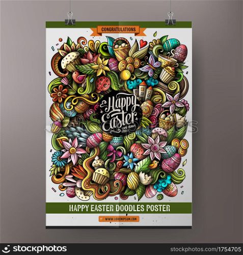 Cartoon colorful hand drawn doodles Happy Easter poster template. Very detailed illustration. Funny vector artwork. Corporate identity design.. Cartoon colorful hand drawn doodles Happy Easter poster template