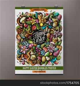 Cartoon colorful hand drawn doodles Happy Easter poster template. Very detailed illustration. Funny vector artwork. Corporate identity design.. Cartoon colorful hand drawn doodles Happy Easter poster template