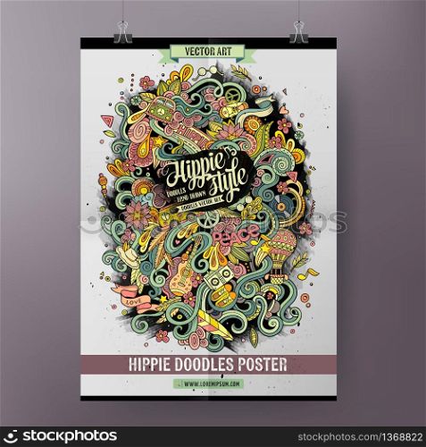 Cartoon colorful hand drawn doodles hippie poster template. Very detailed, with lots of objects illustration. Funny vector artwork. Corporate identity design.. Cartoon colorful hand drawn doodles hippie poster