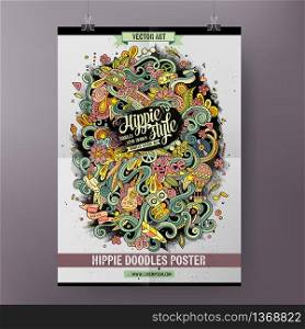 Cartoon colorful hand drawn doodles hippie poster template. Very detailed, with lots of objects illustration. Funny vector artwork. Corporate identity design.. Cartoon colorful hand drawn doodles hippie poster