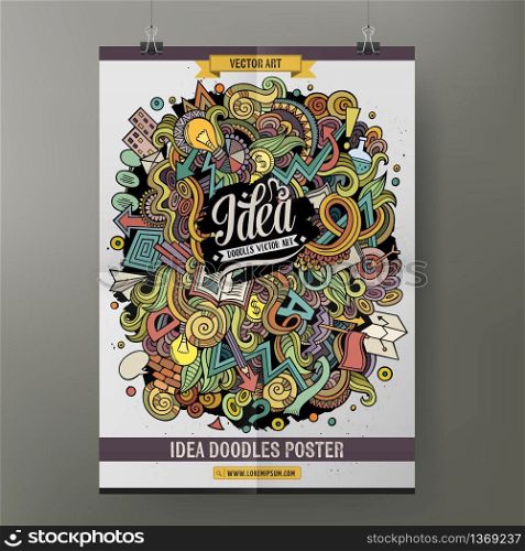 Cartoon colorful hand drawn doodles Idea poster template. Very detailed, with lots of objects illustration. Funny vector artwork. Corporate identity design. Cartoon doodles Idea poster