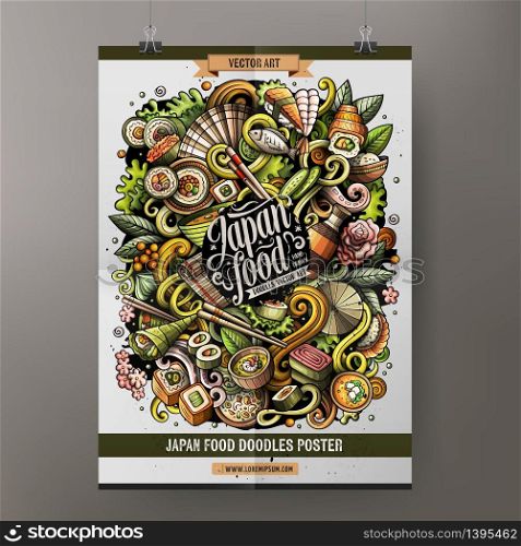 Cartoon colorful hand drawn doodles Japan food poster template. Very detailed, with lots of objects illustration. Funny vector artwork. Corporate identity design.. Cartoon doodles Japan food poster template