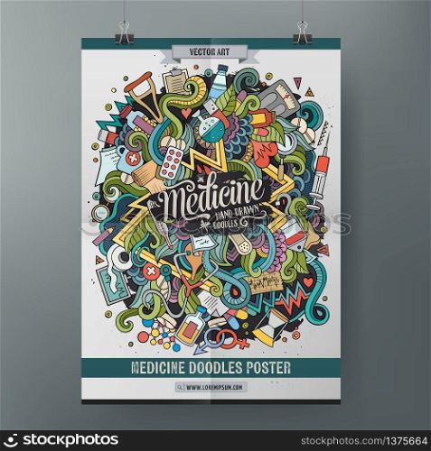 Cartoon colorful hand drawn doodles Medical poster template. Very detailed, with lots of objects illustration. Funny vector artwork. Corporate identity design. Cartoon hand drawn doodles Medical poster template