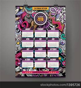 Cartoon colorful hand drawn doodles Musical 2018 year calendar template. English, Sunday start. Very detailed, with lots of objects illustration. Funny vector artwork.. Cartoon doodles Musical 2018 year calendar template